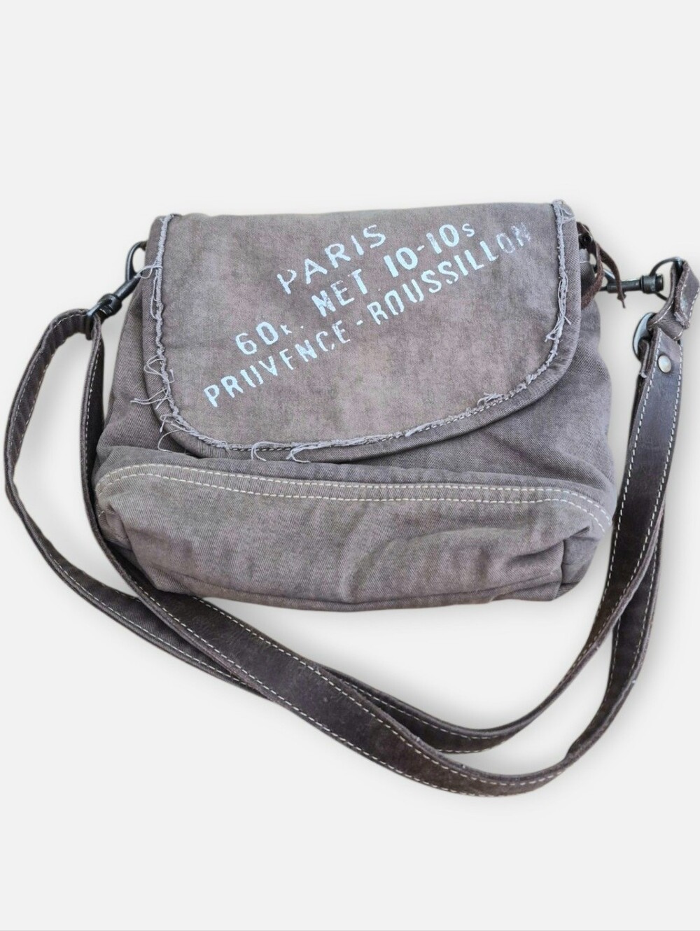 Clea Ray Canvas Crossbody Messenger Bag with Paris Print - Gray/ Tan